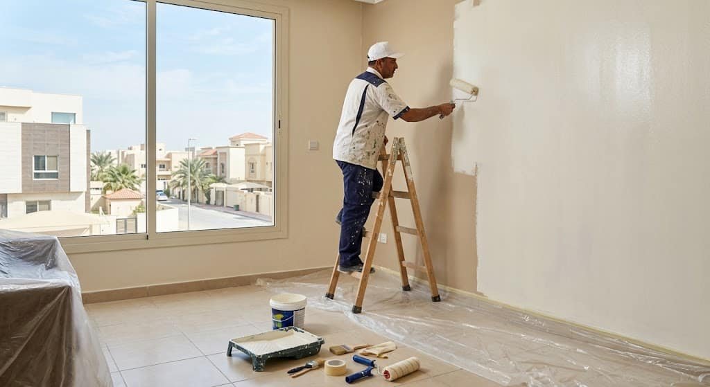فني دهانات متخصص يقوم بتجهيز وطلاء جدران داخلية لفيلا حديثة في حي السيف بالدمام باستخدام أفضل أنواع الأصباغ لضمان تشطيب فاخر ومثالي